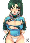  1girl areola_slip areolae artist_name blush breasts earrings fingerless_gloves fire_emblem fire_emblem:_rekka_no_ken gloves green_eyes green_hair jewelry large_breasts long_hair lyndis_(fire_emblem) nintendo open_mouth panties ponytail revolverwing simple_background solo tongue torn_clothes underwear white_background white_panties 