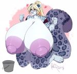  angry anthro big_breasts blonde_hair breasts clothed clothing exposed_breasts felid feline female hair huge_breasts hyper hyper_breasts kneeling lactating mammal nipples pantherine redpixie snow_leopard solo 