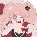  1girl ;) animal_hair_ornament bear_hair_ornament blonde_hair blue_eyes breasts cape choker cleavage collarbone crown curly_hair danganronpa enoshima_junko hair_ornament large_breasts long_hair mini_crown monokuma necktie one_eye_closed pink_hair royal_robe school_uniform smile twintails yexie_pottle 