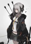  1girl arrow bangs bow_(weapon) breasts eyebrows_visible_through_hair gloves grey_background grey_eyes grey_hair hair_between_eyes headgear highres holding holding_weapon jacket looking_at_viewer necktie neco open_clothes open_jacket original pleated_skirt sailor_collar short_hair_with_long_locks simple_background skirt small_breasts solo weapon 