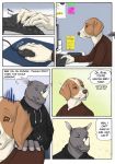  anthro blue_eyes brown_eyes canid canine canis clothing comic computer dialogue domestic_dog electronics english_text exclamation_point gaikotsu heart_symbol hi_res hoodie keyboard male mammal mousepad office one_eye_closed rhinoceros ryan_(gaikotsu) startled tauski text topwear white_rhinoceros wink 