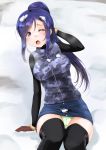  1girl black_legwear blue_hair breasts brown_hair camouflage frapowa green_panties large_breasts love_live! love_live!_school_idol_project matsuura_kanan open_mouth panties pantyshot pantyshot_(sitting) sitting snow solo thighhighs thighs underwear vest 