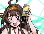  1girl ahoge bare_shoulders brown_hair can_to_cheek detached_sleeves double_bun hairband headgear kantai_collection kongou_(kantai_collection) long_hair looking_at_viewer one_eye_closed open_mouth purple_eyes round_teeth smile solo strong_zero taka_two teeth upper_body upper_teeth 
