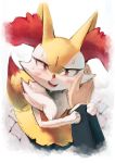  2019 ambiguous_gender ambiguous_pov anthro arm_grab blush braixen canid canine cheek_tuft chest_tuft clothed clothing cute_smile dipstick_tail disembodied_hand duo ear_tuft first_person_view hand_on_cheek hand_on_face hi_res human looking_at_viewer mammal multicolored_tail nintendo open_mouth open_smile petting pok&eacute;mon pok&eacute;mon_(species) short_stack simple_background smile solo_focus sweat tongue tuft video_games whimsical_heart white_background 