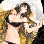  1girl armpits breasts brown_hair character_request cleavage copyright_request dutch_angle groin highres large_breasts light_smile long_hair lying navel on_back silver_(chenwen) skindentation solo yellow_eyes 