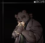  2019 anthro black_background clothing eyewear fur glasses hi_res humanoid_hands k_aisi3o8 leib_(tas) male mammal necktie overweight overweight_male polar_bear shirt simple_background smoking solo tokyo_afterschool_summoners topwear ursid ursine video_games white_fur 