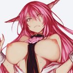  1girl bangs bare_shoulders breasts breasts_outside commentary_request eyebrows_visible_through_hair fang_out flower grey_background hair_between_eyes hands_up head_tilt highres ibaraki_kasen large_breasts long_hair looking_at_viewer nipples off_shoulder oni oni_horns pink_eyes pink_flower pink_hair pink_rose rose shirt simple_background solidstatesurvivor solo spoilers sweat tabard touhou upper_body v-shaped_eyebrows white_shirt wild_and_horned_hermit wrist_cuffs 