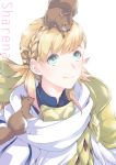  1girl animal animal_on_head armor blonde_hair braid character_name closed_mouth crown_braid fire_emblem fire_emblem_heroes gradient_hair green_eyes long_hair multicolored_hair nintendo on_head pink_hair qumaoto sharena simple_background smile squirrel twitter_username upper_body white_background 