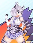  2018 absolute_territory abstract_background ahoge animal_humanoid armwear bare_shoulders big_breasts biped black_ears blue_eyes blush bodice breasts cave_lion_(kemono_friends) clothed clothing detached_sleeves digital_drawing_(artwork) digital_media_(artwork) eyelashes fangs felid felid_humanoid female fighting_stance frilly front_view fully_clothed gloves grey_hair grey_markings grey_stripes grey_tail hair hair_markings half-length_portrait hi_res humanoid inner_ear_fluff kemono_friends lacing legwear light light_skin lighting looking_aside looking_away mammal markings necktie noseung open_mouth open_smile pantherine pantherine_humanoid pleated_skirt portrait shadow short_hair skirt smile smirk smug solo spread_legs spreading standing striped_tail stripes suspenders tan_skin thigh_highs two_tone_tail white_tail wide_stance zoom_lines 