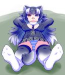  2018 animal_humanoid big_breasts biped blue_eyes breasts canid canid_humanoid canine canine_humanoid cleavage clothed clothing digital_drawing_(artwork) digital_media_(artwork) dress_shirt eyelashes fangs female foot_focus foreshortening frown fur fur_tuft grey_background grey_hair grey_tail grey_wolf_(kemono_friends) hair hands_behind_head heterochromia humanoid inner_ear_fluff kemono_friends legwear light light_skin lighting long_hair looking_at_viewer looking_down lying mammal multicolored_hair neck_tuft necktie on_back open_frown open_mouth orange_eyes panties perspective plaid plantigrade pleated_skirt quatre_aaaa shadow shirt simple_background skirt socks solo tan_skin thigh_socks topwear tuft two_tone_hair two_tone_tail underwear upskirt white_background white_fur white_hair white_tail wolf_humanoid 