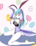  1girl animal_ears bare_shoulders blue_hair blush bow bowtie breasts bunny_ears bunny_girl bunny_tail bunnysuit cape detached_collar fake_animal_ears fire_emblem fire_emblem:_rekka_no_ken fire_emblem_heroes full_body gzo1206 large_breasts leotard long_hair looking_at_viewer mamkute medium_breasts ninian nintendo pantyhose red_eyes sitting smile solo strapless tail wrist_cuffs 