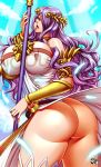  1girl ass bare_shoulders breasts camilla_(fire_emblem_if) cosplay dress fire_emblem fire_emblem_if from_behind hair_over_one_eye huge_ass jadenkaiba kid_icarus large_breasts long_hair looking_at_viewer nintendo open_mouth palutena palutena_(cosplay) purple_eyes purple_hair shiny shiny_hair shiny_skin solo staff thighhighs thong tongue very_long_hair 