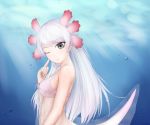  2019 5_fingers amphibian amphibian_humanoid animal_humanoid big_breasts biped bow bra bracelet breasts chemise clothing coy digital_drawing_(artwork) digital_media_(artwork) external_gills eyebrows eyelashes female gesture gills hair half-length_portrait head_tilt humanoid humanoid_hands jewelry kemono_friends light light_skin lighting long_hair looking_aside looking_at_viewer multicolored_eyes one_eye_closed pink_tail pointing pointing_at_self portrait rainbow_eyes sala_(kemono_friends) salamander_humanoid shadow side_view smile solo standing sunlight tan_skin translucent transparent_clothing underwater underwear water white_hair wink 용도기 