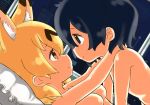  2girls animal_ear_fluff animal_ears blonde_hair blue_eyes blue_hair breasts commentary_request couple extra_ears eye_contact face-to-face heart heart_in_eye highres hug inaba31415 indoors kaban_(kemono_friends) kemono_friends looking_at_another lying medium_breasts multiple_girls night nude on_back on_bed pillow serval_(kemono_friends) serval_ears short_hair smile symbol_in_eye window yellow_eyes yuri 