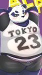  2019 alp_(tas) anthro bellly black_nose blush clothing cute_fangs english_text fur giant_panda male mammal menno_kesinn overweight overweight_male purple_background purple_fur shorts simple_background solo text tokyo_afterschool_summoners ursid video_games 