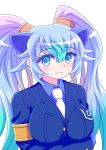  2018 animal_humanoid armband arms_under_breasts big_breasts biped blue_hair blue_theme breasts bust_portrait clothed clothing cool_colors crossed_arms digital_drawing_(artwork) digital_media_(artwork) dress_shirt eyelashes female front_view frown gloves green_eyes hair hi_res humanoid kemono_friends light light_skin lighting long_eyelashes long_hair looking_at_viewer necktie pigtails portrait quatre_aaaa seiryu_(kemono_friends) shadow shirt simple_background solo suit tan_skin topwear undershirt white_background 