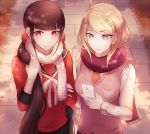  2girls ahoge akamatsu_kaede arm_grab bangs black_hair black_skirt blonde_hair blush breasts cellphone commentary danganronpa eighth_note english_commentary eyebrows_visible_through_hair hair_ornament harukawa_maki highres holding long_hair long_sleeves looking_at_viewer low_twintails medium_breasts mole mole_under_eye multiple_girls musical_note musical_note_hair_ornament necktie new_danganronpa_v3 outdoors phone purple_eyes red_eyes red_scrunchie scarf school_uniform scrunchie serafuku shirt skirt small_breasts smartphone smile solo star sweater_vest tokilos twintails very_long_hair yuri 