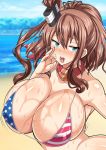  1girl american_flag_bikini aqua_eyes bikini blush breasts brown_hair dorachefu erect_nipples fellatio_gesture flag_print hair_ornament highres huge_breasts saratoga_(kantai_collection) shiny shiny_skin swimsuit tagme tongue 