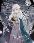  1girl anastasia_(fate/grand_order) bangs blue_eyes blush cape cloak commentary_request crown doll dress fate/grand_order fate_(series) hair_over_one_eye hairband highres holding jewelry kim_jin_(tmxhfl4490) long_hair looking_at_viewer mini_crown moon outdoors royal_robe silver_hair snow solo sword very_long_hair weapon white_dress wig 