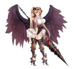  1girl angel_wings armored_boots armpits bangle bangs black_gloves black_legwear black_leotard black_wings blouse blush boots bracelet breasts collared_blouse commentary_request covered_navel cowboy_shot demon_horns elbow_gloves eyebrows_visible_through_hair fallen_angel feathers full_body garter_belt garter_straps gloves gold gold_trim groin hand_up high_heel_boots high_heels highleg highleg_leotard highres holding holding_weapon horns jewelry lance large_breasts leotard long_hair looking_at_viewer neck_ribbon original parted_lips polearm red_eyes red_ribbon ribbon short_sleeves sidelocks simple_background skindentation smile solo thighhighs thighs twintails underbust untsue very_long_hair weapon white_background white_blouse wings 