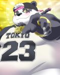  2019 alp_(tas) anthro belly blush clothing english_text giant_panda hat headgear headwear hi_res humanoid_hands male mammal overweight overweight_male q14658091 shirt solo text tokyo_afterschool_summoners topwear ursid video_games 