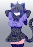  2018 absolute_territory animal_humanoid animal_print armwear belt big_breasts biped black_jaguar_(kemono_friends) black_spots black_tail blue_eyes bow breasts clothed clothing digital_drawing_(artwork) digital_media_(artwork) dipstick_tail elbow_gloves felid felid_humanoid female frilly frown fully_clothed gloves gradient_background grey_background grey_hair grey_tail hair hair_markings hands_behind_head head_tuft hi_res humanoid inner_ear_fluff jaguar_humanoid jaguar_print kemono_friends legwear light_skin long_tail looking_at_viewer mammal melanistic multicolored_tail pantherine pantherine_humanoid quatre_aaaa raised_arm rosettes scarf shirt short_hair simple_background skirt solo spots spotted_clothing spotted_hair spotted_tail standing tan_skin thigh_highs topwear two_tone_tail 