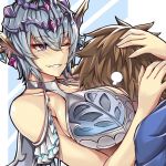  1boy 1girl ;) =3 bangs bare_shoulders blue_hair blush breast_smother breasts brown_hair commentary eyebrows_visible_through_hair eyes_visible_through_hair gran_(granblue_fantasy) granblue_fantasy hair_between_eyes hetero hug jewelry large_breasts macula_marius one_eye_closed parted_lips pink_eyes revision sanmotogoroo short_hair simple_background smile tiara upper_body 