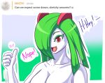  2018 ask_blog big_breasts breasts conditional_dnp dialogue english_text female galaxyoron gesture hair humanoid kirlia nintendo open_mouth pok&eacute;mon pok&eacute;mon_(species) red_eyes simple_background smile solo speech_bubble text thumbs_up video_games 