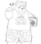  2019 alp_(tas) anthro belly black_nose clothing english_text giant_panda hat headgear headwear humanoid_hands male mammal naiton_gr overweight overweight_male shirt shorts solo text tokyo_afterschool_summoners topwear ursid video_games 