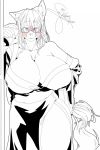  anthro big_breasts blush breasts canid canine cleavage clothed clothing curvaceous eyewear female glasses greyscale japanese_clothing kimono looking_at_viewer mammal monochrome opqhlak smile solo standing 