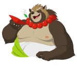  2019 anthro belly brown_fur canid canine cute_fangs eyes_closed eyes_scar fur gyobu humanoid_hands leaf male mammal moobs nipples overweight overweight_male pokelai raccoon_dog simple_background solo tanuki tokyo_afterschool_summoners video_games white_background 