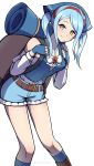  1girl backpack bag bandanna bare_shoulders belt blue_gloves blue_hair blue_shorts breasts buttons closed_mouth fingerless_gloves fire_emblem fire_emblem_heroes fire_emblem_if flora_(fire_emblem_if) gloves grey_eyes highres leaning_forward long_sleeves looking_at_viewer medium_breasts nintendo phiphi-au-thon shorts simple_background smile solo standing twintails twitter_username white_background 