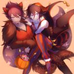  2boys alternate_costume animal_ears artist_name asymmetrical_sleeves beard black_gloves black_hair candy commentary danganronpa eyebrows_visible_through_hair facial_hair food fur fur_collar gloves hair_between_eyes halloween happy_halloween hat heart highres holding jester jester_cap long_sleeves looking_at_viewer momota_kaito multiple_boys new_danganronpa_v3 one_eye_closed ouma_kokichi paws pumpkin purple_eyes purple_hair short_hair smile striped striped_legwear tail tokilos wolf_ears wolf_tail yaoi 