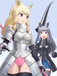  2015 absolute_territory animal_humanoid armor bevor biped black_rhinoceros_(kemono_friends) blonde_hair blue_background breastplate breasts brown_eyes butt_from_front clothed clothing digital_drawing_(artwork) digital_media_(artwork) duo eyelashes faulds female fist gauntlets gloves grey_ears grey_hair hair half-length_portrait holding_object holding_weapon humanoid kemono_friends knight lance legwear leotard light light_skin lighting long_hair looking_at_another looking_back mammal melee_weapon multi_ear open_mouth open_smile pauldron plate_armor pleated_skirt polearm portrait rhinocerotoid rhinocerotoid_humanoid shadow shigmoel simple_background skirt smile standing tan_skin teeth thigh_highs weapon white_rhinoceros_(kemono_friends) white_rhinoceros_humanoid yellow_ears 