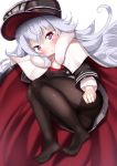  1girl :t ass azur_lane bangs black_headwear black_jacket black_legwear blush cape closed_mouth commentary_request eyebrows_visible_through_hair full_body fur-trimmed_cape fur_trim graf_zeppelin_(azur_lane) grey_skirt hair_between_eyes hat highres jacket long_hair long_sleeves looking_at_viewer lying military_hat mochiyuki multicolored multicolored_cape multicolored_clothes no_shoes on_side panties panties_under_pantyhose pantyhose peaked_cap pink_eyes pleated_skirt pout red_cape silver_hair simple_background skirt solo tears underwear very_long_hair white_background white_cape zeppelin-chan_(azur_lane) 