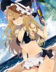  &gt;:) 1girl apron bangs bare_arms bare_shoulders beach bikini black_bikini black_bow black_headwear blonde_hair blue_sky blush bow braid breasts cleavage cloud commentary_request cowboy_shot day dutch_angle ear_piercing eyebrows_visible_through_hair gluteal_fold grin gun hair_between_eyes hair_bow hand_up hat hat_bow highres holding holding_gun holding_weapon kirisame_marisa long_hair looking_at_viewer medium_breasts navel ocean outdoors piercing potesara single_braid sky smile solo standing star stomach swimsuit thighs touhou v-shaped_eyebrows waist_apron water_drop water_gun weapon white_apron white_bow witch_hat yellow_eyes 