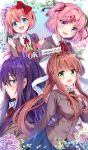  4girls :d bangs blue_eyes blue_skirt blush bow brown_hair chocho_(homelessfox) commentary_request copyright_name doki_doki_literature_club eyebrows_visible_through_hair fang flower flower_request green_eyes grey_jacket hair_between_eyes hair_bow hair_ornament hair_ribbon hairclip index_finger_raised jacket korean_commentary long_hair long_sleeves monika_(doki_doki_literature_club) multiple_girls natsuki_(doki_doki_literature_club) open_mouth pink_eyes pink_hair ponytail protagonist_(doki_doki_literature_club) purple_eyes purple_hair red_bow red_ribbon ribbon round_teeth sayori_(doki_doki_literature_club) shirt short_hair skin_fang skirt smile solo teeth two_side_up v-shaped_eyebrows very_long_hair white_ribbon white_shirt wing_collar 