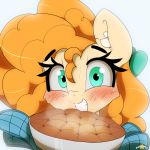 2019 blush digital_media_(artwork) equid equine female food friendship_is_magic grin hi_res looking_at_viewer mammal my_little_pony n0nnny pear_butter_(mlp) simple_background smile solo 