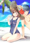  1boy 1girl antenna_hair barefoot beach blue_eyes blue_hair blue_sky blue_swimsuit breasts brown_eyes brown_hair clannad cleavage cloud collarbone commentary_request covered_navel day full_body furukawa_nagisa horizon impossible_clothes impossible_swimsuit komo_da medium_breasts ocean okazaki_tomoya outdoors palm_tree school_swimsuit short_hair sitting sky solo_focus swimsuit tree wariza water 