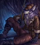  2019 anthro blue_eyes boots canid canine canis clothed clothing footwear fur grey_fur gun hair knife long_hair looking_at_viewer male mammal nurinaki patxi ranged_weapon sitting solo weapon wolf 