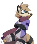  2018 absurd_res ambiguous_gender anthro artesderatzyu black_fur blue_eyes brown_fur clothed clothing crossed_arms digital_media_(artwork) facial_markings fully_clothed fur hi_res mammal markings maypul melee_weapon pants procyonid raccoon rivals_of_aether simple_background solo sword torn_clothing torn_pants video_games weapon white_background 