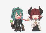  2girls :d brown_hair eyes_closed female food gloves green_hair hairband horns ice_cream long_tongue monster_girl multiple_girls open_mouth original pointy_ears porforever simple_background smile tongue white_background 