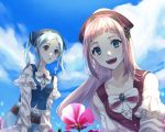  2girls bandanna belt blue_eyes blue_hair blue_sky buttons cloud danno_gs day felicia_(fire_emblem_if) fire_emblem fire_emblem_heroes fire_emblem_if flora_(fire_emblem_if) flower grey_eyes highres long_hair long_sleeves multiple_girls nintendo open_mouth outdoors pink_hair siblings sisters sky twintails 