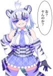  2018 5_fingers absolute_territory ahoge animal_humanoid armwear bare_shoulders big_breasts biped blue_eyes bodice bow breasts cave_lion_(kemono_friends) clothed clothing detached_sleeves digital_drawing_(artwork) digital_media_(artwork) eyebrows eyelashes fangs felid felid_humanoid female frilly front_view fully_clothed gloves grey_ears grey_hair grey_markings grey_stripes grey_tail hair hair_markings half-length_portrait hand_on_hip head_tilt hi_res humanoid inner_ear_fluff kemono_friends lacing legwear light light_skin lighting long_eyelashes looking_down mammal markings multicolored_hair necktie pantherine pantherine_humanoid pattern_clothing pleated_skirt portrait pose quatre_aaaa shadow simple_background skirt smile smirk smug solo standing striped_clothing striped_tail stripes suspenders tan_skin thigh_highs two_tone_ears two_tone_hair two_tone_tail white_background white_ears white_hair white_tail 