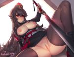  1girl areolae blush breasts brown_hair clitoris closed_mouth dekka eyebrows large_breasts long_hair looking_at_viewer navel nipples nude pussy red_eyes shiny shiny_hair shiny_skin solo spread_legs sword thighhighs uncensored weapon 