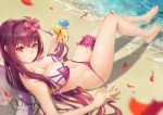  1girl absurdres bangs bare_shoulders barefoot beach bikini blush breasts cleavage closed_mouth collarbone cup drink fate/grand_order fate_(series) feet flower hair_between_eyes hibiscus highres large_breasts leg_garter legs long_hair looking_at_viewer miyama_tsubaki_me nail_polish navel purple_bikini purple_hair red_eyes scathach_(fate)_(all) scathach_(fate/grand_order) scathach_(swimsuit_assassin)_(fate) signature smile solo swimsuit thighs 