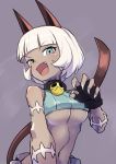  1girl animal_ears bangs bell blunt_bangs bob_cut breasts cat_ears cat_girl cat_tail crop_top dark_skin evil_smile eyebrows_visible_through_hair fang gazacy_(dai) grey_background highres jingle_bell looking_at_viewer medium_breasts ms._fortune_(skullgirls) navel open_mouth scar short_hair simple_background skullgirls sleeveless smile solo stomach tail tail_raised underboob upper_body white_hair 