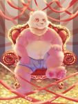  2017 anthro bearp_(artist) belly bulge clothing english_text fur giant_panda hi_res humanoid_hands male mammal moobs overweight overweight_male pink_fur sitting solo text underwear ursid 