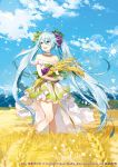  1girl aqua_eyes aqua_hair cloud copyright_name day dress hatsune_miku highres long_hair looking_to_the_side mountain open_mouth sky smile snowflakes solo standing strapless strapless_dress twintails very_long_hair vocaloid wheat wheat_field yuzuki_kihiro 