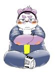  2017 anthro blush bmf_6666 clothing fur giant_panda hi_res male mammal pants purple_fur shirt simple_background sitting slightly_chubby solo topwear ursid white_background 